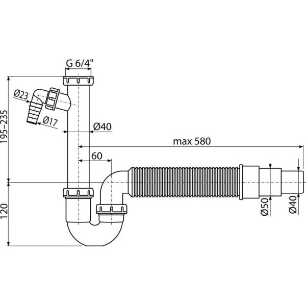 Сифон трубчатый с накидной гайкой 6/4", подводкой и гофрой, арт. A83-DN50/40