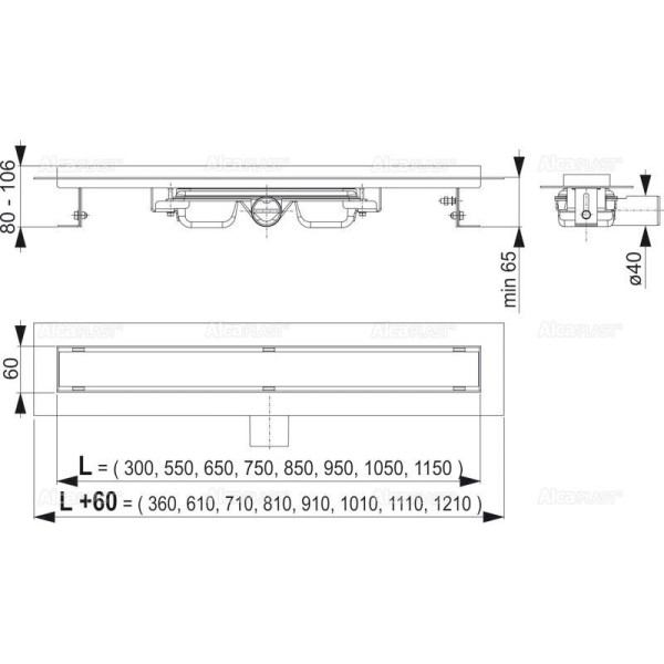 Professional Low - Водоотводящий желоб с порогами для цельной решетки, арт. APZ106-650