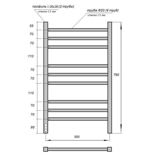 Полотенцесушитель электрический Point Веста PN70758B П9 500x800, диммер слева, черный