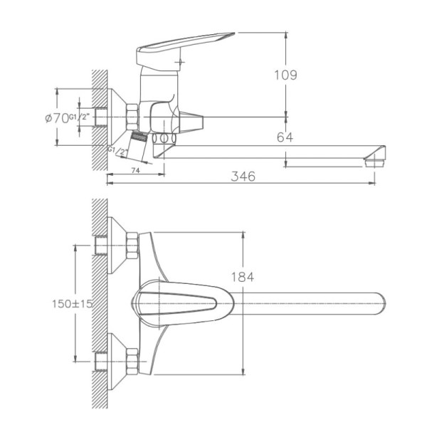 Смеситель для ванны HAIBA HB2207, длинный излив, латунь, хром