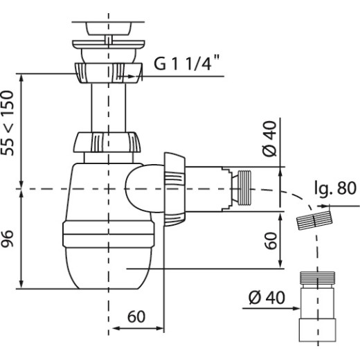 Сифон WIRQUIN 1¼ х 40 мм с гофротрубой 40x40/50, L800 мм, выпуск пластик