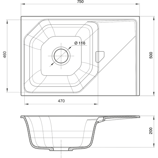 Кухонная мойка RIVELATO LOCUS 75  1-чаш 750*500 antracite