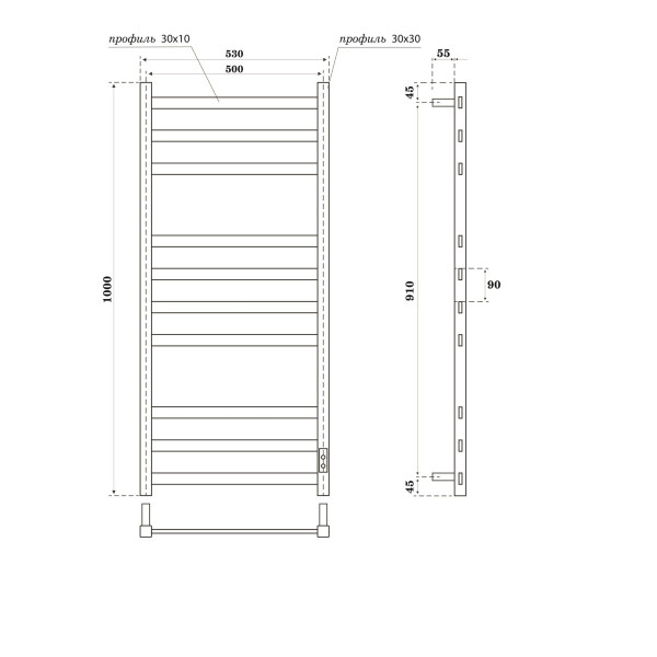 Полотенцесушитель электрический Point Меркурий PN83850GR П10 500x1000, диммер справа, графит премиум