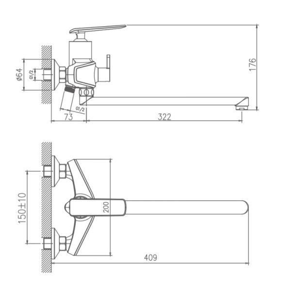 Смеситель для ванны HAIBA HB22548-7, длинный излив, латунь черный/хром