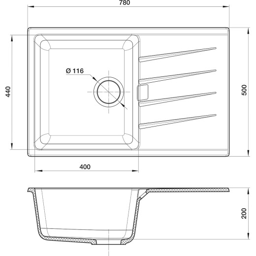 Кухонная мойка RIVELATO RAUM 78  1-чаша 780*500мм antracite
