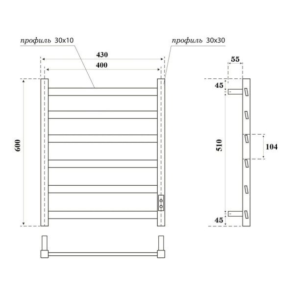 Полотенцесушитель электрический Point Атлант PN18846W П6 400x600, диммер справа, белый