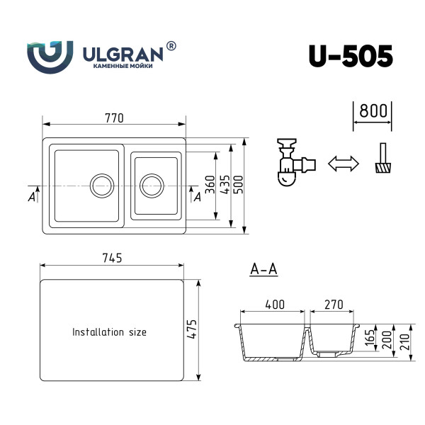 Мойка кухонная Ulgran U-505-342, графит