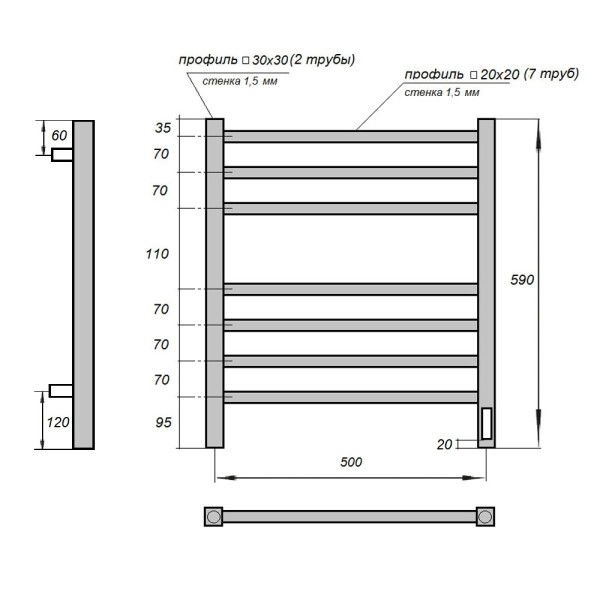 Полотенцесушитель электрический Point Вега PN71856 П7 500x600, диммер справа, хром