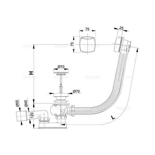 Сифон для ванны автомат комплект хромированный пластик/пластик (длина 100 см), арт. A51CRM-100