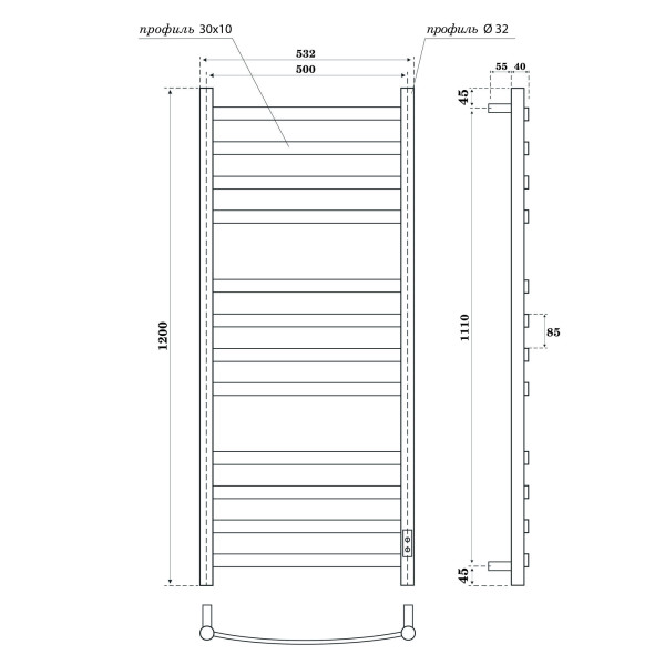 Полотенцесушитель электрический Point Антея PN17852W П12 500x1200, диммер справа, белый