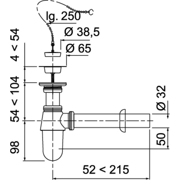 Сифон WIRQUIN SL213 1¼ x 32 мм с латунным хромированным выпуском, отвод L200 мм, с цепочкой