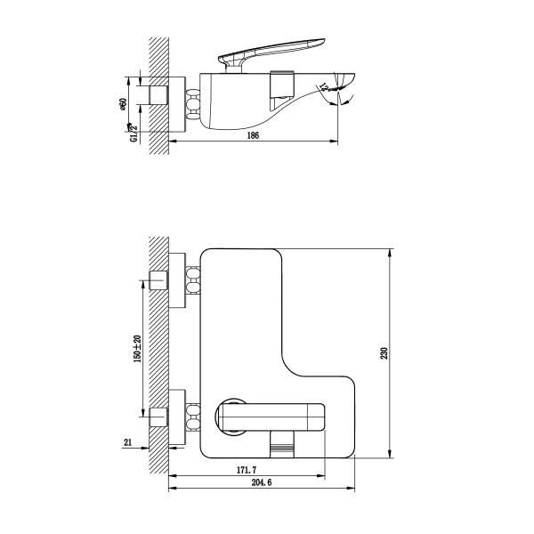 Смеситель Lemark Bellario LM6802C для ванны с монолитным изливом, настенный, хром