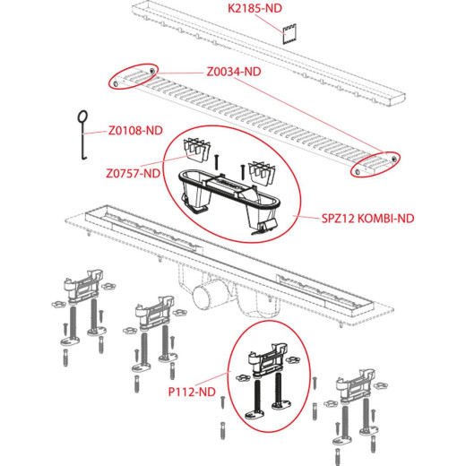 Водоотводящий желоб с порогами для решетки или решетки под кладку плитки,  арт.APZ12-750