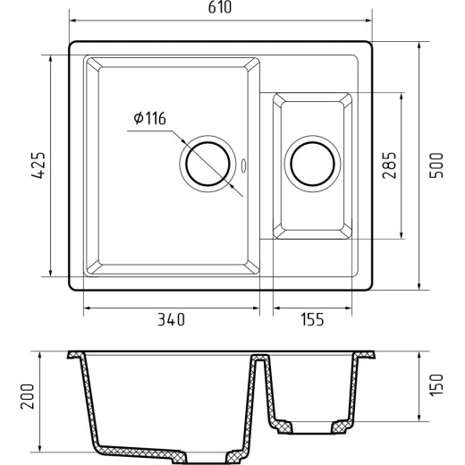 Мойка кухонная GranFest QUADRO GF-Q-610K 1.5-чаши. 610*500мм графит, мрамор
