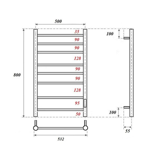 Полотенцесушитель электрический Point Аврора PN10858GR П8 500x800 диммер справа, графит премиум