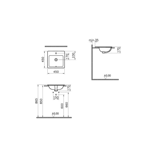 Раковина накладная Vitra S20 5463B003-0001, квадратная 45 cм, c переливом, цвет белый