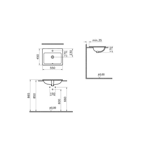 Раковина накладная Vitra S20 5465B003-0001, прямоугольная 55 cм, c переливом, цвет белый
