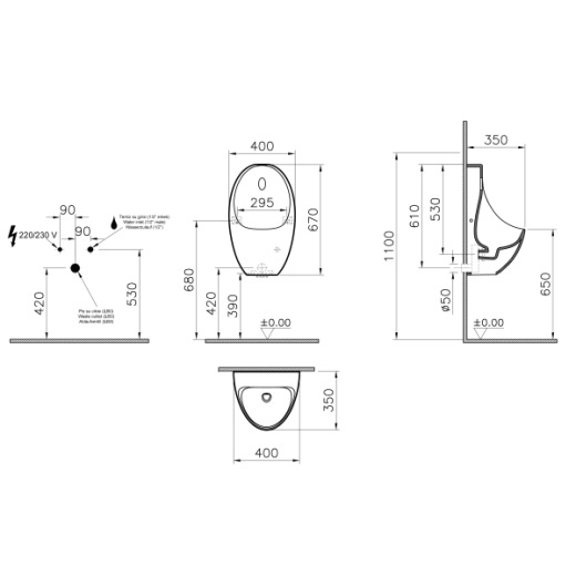 Писсуар Vitra Arkitekt 5999B003-5556, безободковый, сенсорный, питание от сети