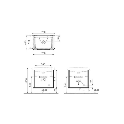 Тумба с раковиной Vitra Sento 80 c 2 ящиками, LED подсветка, белый матовый (отдельно ножки 61069)