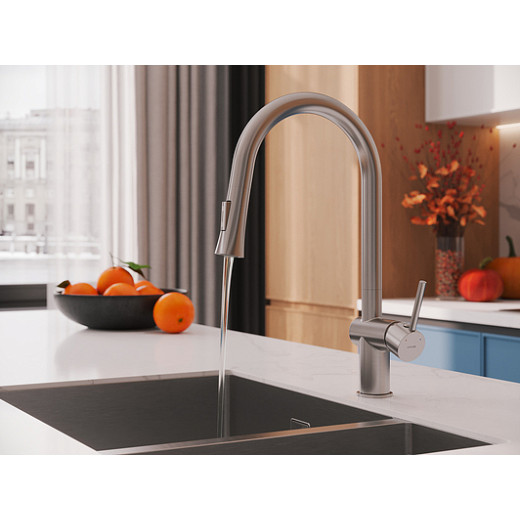 Смеситель Cersanit для кухни MELAR однорычажный с выдвижным изливом, никель