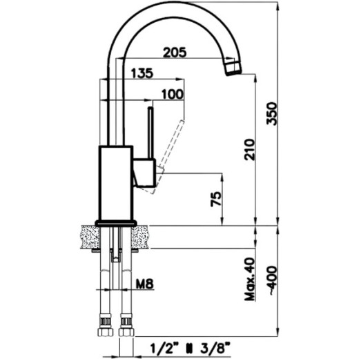 Смеситель RIVELATO Orta для кухни U-обр. D-35мм topazio/cromo