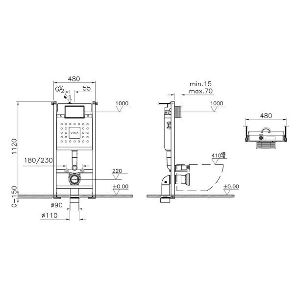 Унитаз VITRA S10 9842B003-7206, подвесной, сиденьем с микролифтом, инсталляцией и панелью управления