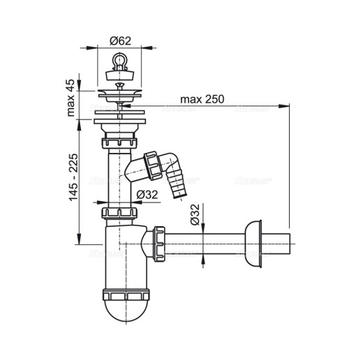Сифон для умывальника Ø32 с подводкой и нержавеющей peшeткой Ø63, арт. A410P