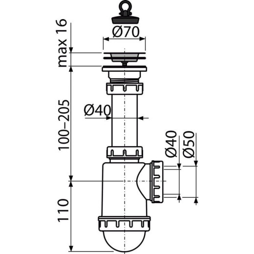 Cифон для мойки c нержавеющей peшeткой Ø70, арт. A441-DN50/40
