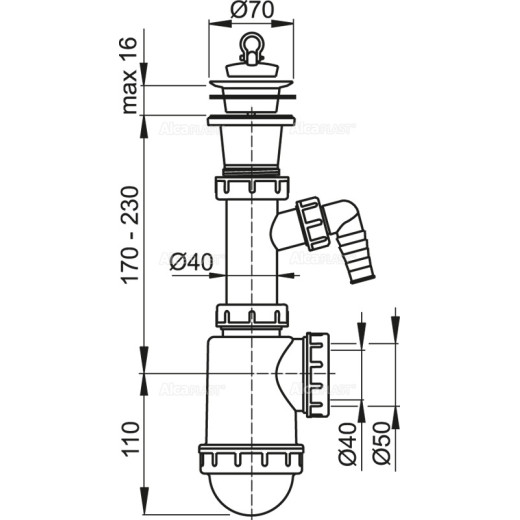 Cифон для мойки c пластмассовой решеткой Ø70 и подводкой, арт. A442P-DN50/40