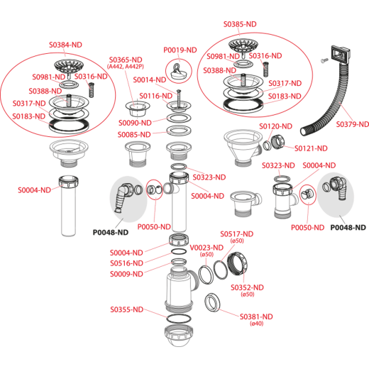 Cифон для мойки c пластмассовой решеткой Ø70 и подводкой, арт. A442P-DN50/40