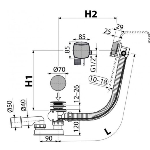 Сифон для ванны с напуском воды через перелив для ванн с толстыми стенками, арт.A565CRM1-100