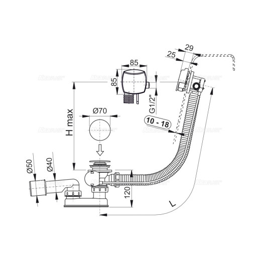 Сифон для ванны с напуском воды через перелив для ванн с толстыми стенками, хром