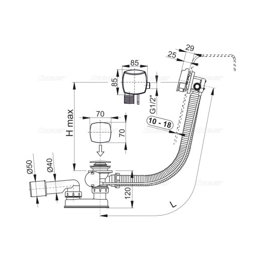 Сифон для ванны с напуском воды через перелив для ванн с толстыми стенками, хром,A565CRM2