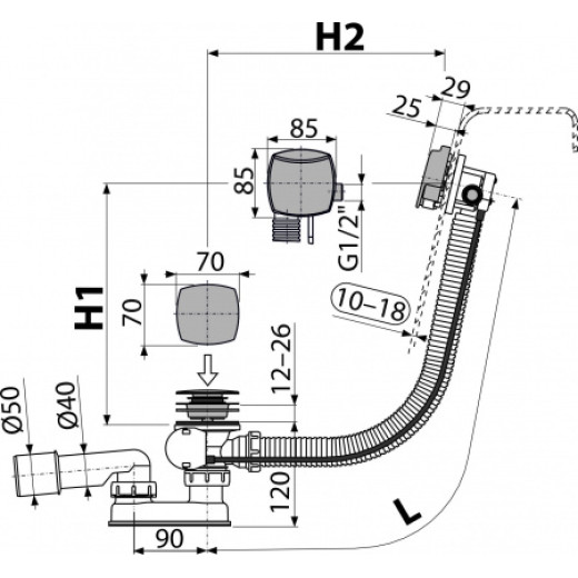 Сифон для ванны с напуском воды через перелив для ванн с толстыми стенками, хром,A565CRM2-120