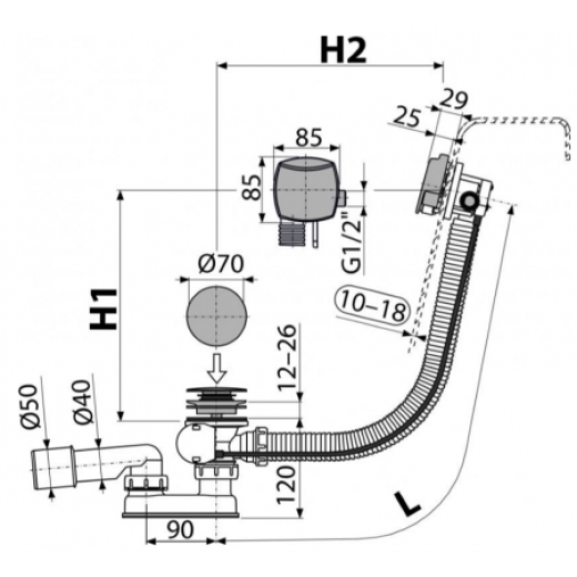 Сифон для ванны с напуском воды через перелив для ванн с толстыми стенками, металл,A565KM1-120