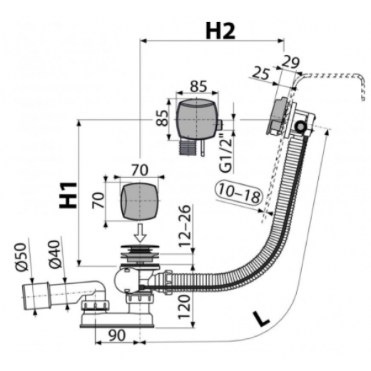 Сифон для ванны с напуском воды через перелив для ванн с толстыми стенками, металл,A565KM3-100