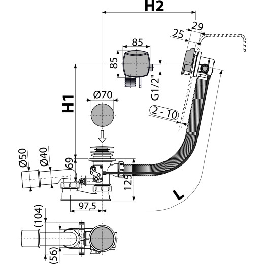 Сифон для гидромассажных ванн с напуском через перелив, металл,A566-273133-120