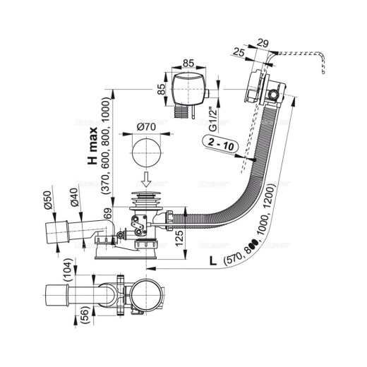 Сифон для гидромассажных ванн с напуском через перелив, металл