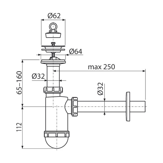 Сифон для умывальника Ø32 с нержавеющей peшeткой Ø63, арт. AG210512432 (аналог A410)