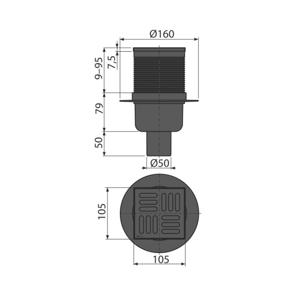 Сливной трап 105 × 105/50, решетка – черный мат, арт.APV32BLACK