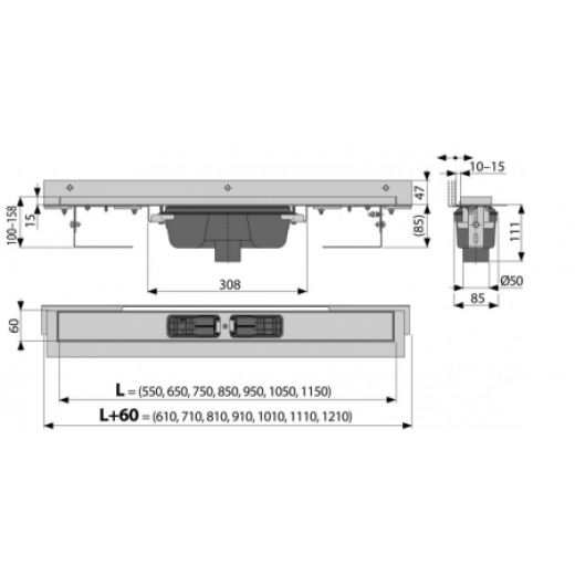 Водоотводящий желоб с порогами для перф. решетки и рег. воротником к стене, вертик., арт.APZ1004-750
