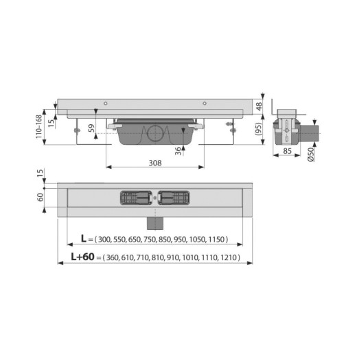 Водоотводящий желоб с порогами для цельной решетки и фиксированным воротником к стене,APZ116-550
