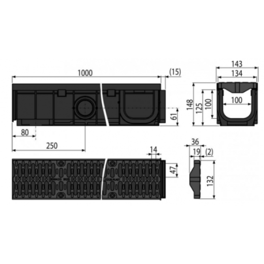 Дренажный канал 100 мм с пластиковой рамой и решеткой из композитного материала B125