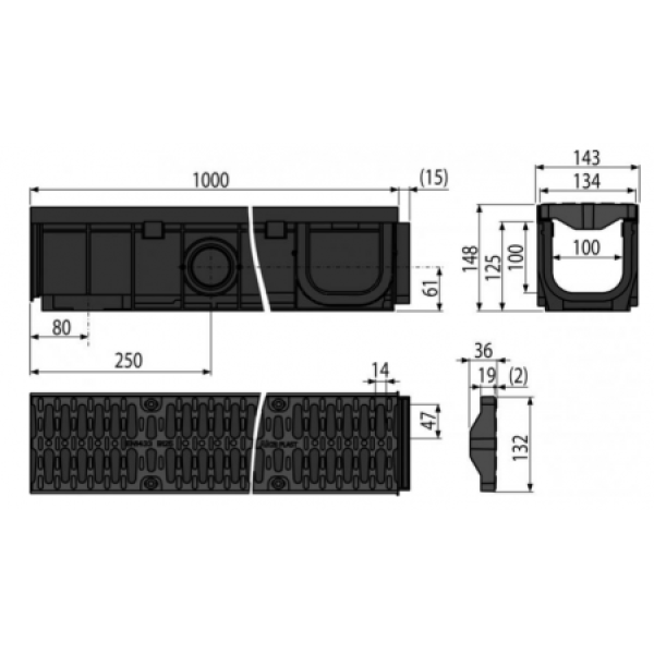 Дренажный канал 100 мм с пластиковой рамой и решеткой из композитного материала B125