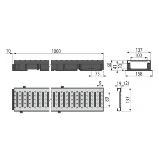 Дренажный канал 60мм с пластмассовой рамой и оцинкованной решеткой "Ц" профиля A15, арт.AVZ112-R102