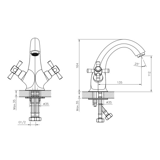 Смеситель Decoroom DR51011-Black двуручный для умывальника монолитный, черный/хром