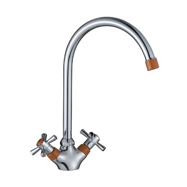 Смеситель Decoroom DR51028-Orange двуручный для кухни с поворотным изливом, оранжевый/хром