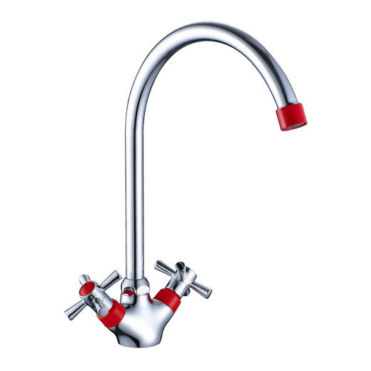 Смеситель Decoroom DR51028-Red двуручный для кухни с поворотным изливом, красный/хром