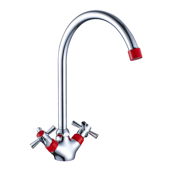 Смеситель Decoroom DR51028-Red двуручный для кухни с поворотным изливом, красный/хром