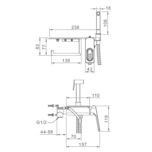 Смеситель встраиваемый с гигиеническим душем и полкой и бумагодержателем RAGLO R51.55